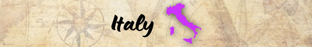 Neutral background with the word &ldquo;Italy&rdquo; and a map of Italy in purple.